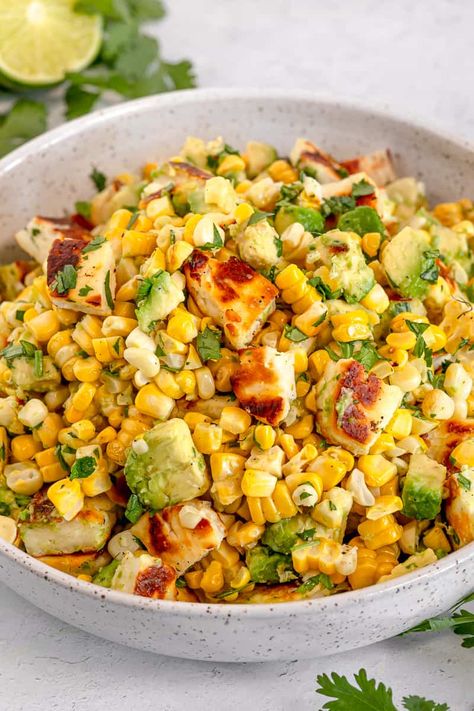 Vege Bbq Ideas, Corn Salad With Mango And Halloumi, Corn Halloumi Salad, Halloumi Avocado Salad, Summer Savoury Recipes, Summer Lunch Vegetarian, Summer Hosting Meals, Healthy Summer Bbq Recipes, Halloumi Lunch Ideas