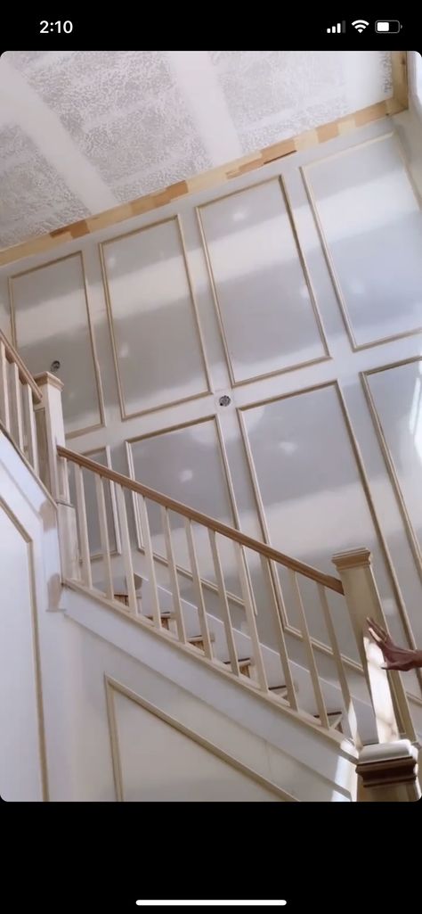 Wainscoting Ideas For Stairway, Home Interior Design Trends 2023, Large Stair Landing Ideas, Craftsman Style Wainscoting Ideas, Two Toned Blue Room, Panelled Wall Staircase, Close In Staircase, Panelled Walls Entryway, 2 Story Foyer Paneling