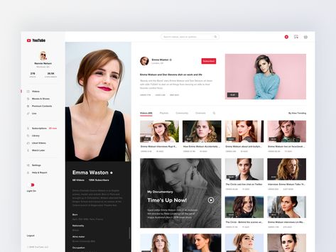 Youtube concept design - profile user live web menu layout about youtube video details list profile hiwow app Movie Site, Profile Website, Menu Layout, Ui Design Website, Youtube Design, Ux Design Inspiration, Industrial Design Sketch, Dashboard Design, Ui Design Inspiration