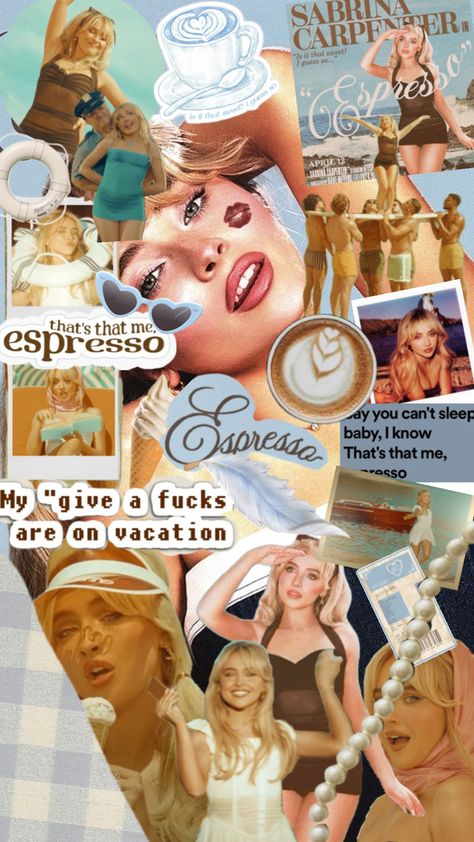 Espresso by Sabrina Carpenter collage Blue Room Themes, Sabrina Carpenter Collage, Collage Board, Wallpaper Iphone Christmas, Cant Sleep, Room Themes, Sabrina Carpenter, Espresso, Iphone Wallpaper