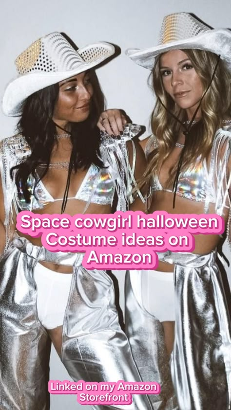 Space cowgirl halloween costume #spacecowgirlparty #spaccowgirl #cowgirl #spacegirl #halloweencostume #metallic Diy Space Cowgirl Costume, Cowboy And Alien Costume, Cosmic Cowboy Outfit, Nye Cowgirl Outfits, Buckle Bunny Costume, Celestial Halloween Costume, Disco Cowgirl Costume, Cosmic Cowgirl Outfit, Spacegirl Costume