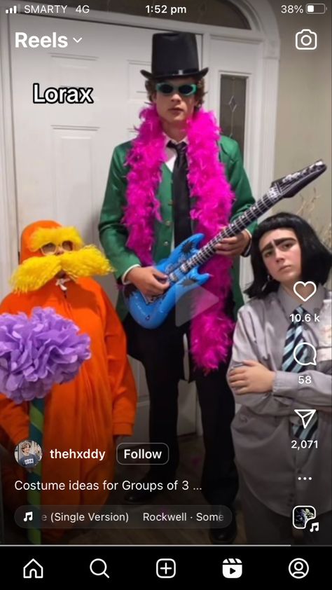 2 Guys Halloween Costume, Three Ppl Halloween Costumes, O Hare Lorax Costume, Funny Three Person Costumes, Tall Guy Halloween Costume, Lorax Trio Costume, The Lorax Trio Costume, Trio Cosplays Ideas, Mr O'hare Costume