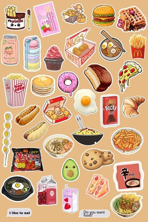 Cute Food Stickers Printable Aesthetic, Cute Food Stickers Printable, Aesthetic Food Stickers, Food Stickers Aesthetic, Homemade Sticker Ideas, Food Stickers Printable, Sticker Design Ideas, Sticker Food, Kawaii Culture