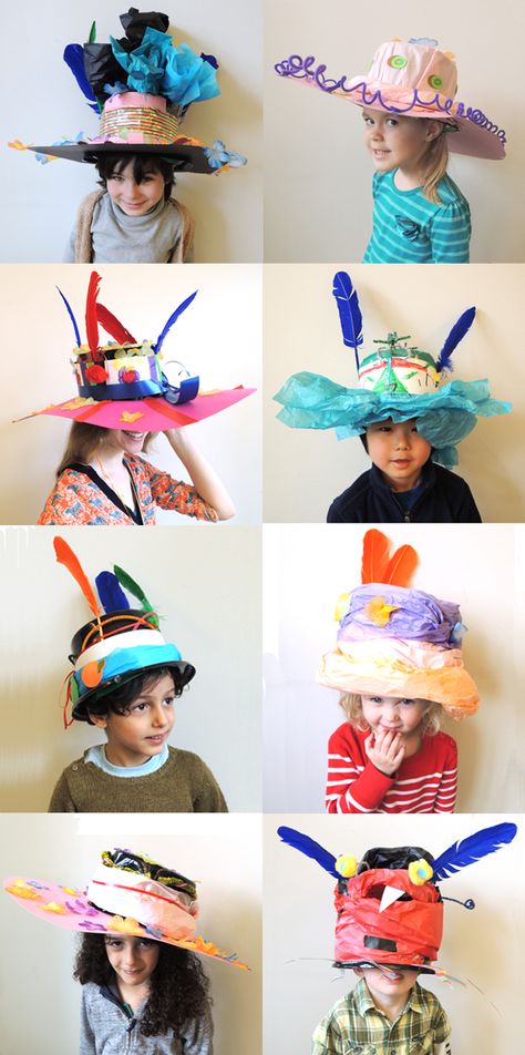 The task…to make a hat that you NEVER want to take off. The resulting hats? Totally hip! Cardboard Hats Diy, Make Your Own Hat Craft, Kids Hat Craft, Diy Silly Hat, Easy Hats To Make, Creative Hat Ideas, Hat Day Ideas, Hat Activities For Preschool, Imagination Hat