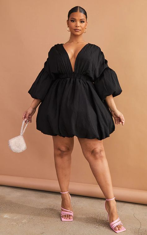 Plus Size Dresses for Women | PrettyLittleThing USA Black Puff Dress, Plus Size Heels, Summer Dresses Plus Size, Black Heels Outfit, Black Puff Sleeve Dress, Plus Size Black Dresses, Below The Knee Dresses, Chic Dress Classy, Black Dress Formal