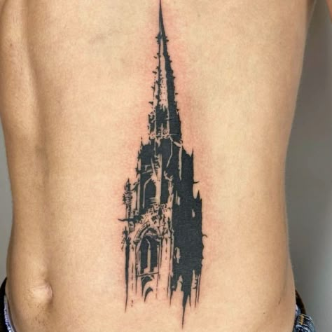 Cathedral Tattoos, Southern Gothic Tattoo, Gothic Architecture Tattoo, Cathedral Tattoo, Trippy Tattoo Designs, Trippy Tattoo, Horrible Tattoos, Master Tattoo, Castle Tattoo