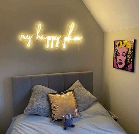 My Happy Place neon sign, follow the link and you can create your own custom neon sign for business, office, home bar, game room, bedroom decor. Bedroom Ideas Neon, Neon Filter, Neon Signs Bedroom, Neon Logos, Bedroom Wall Decor Above Bed, Game Room Bedroom, Bar Game, Furniture Design Wooden, Neon Sign Bedroom