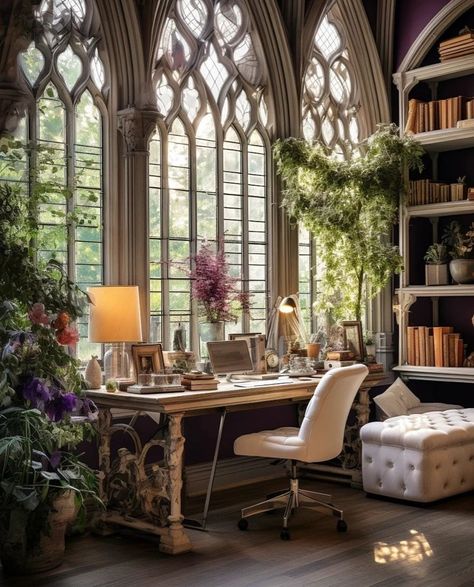 Cottage Core Library, Gothic Plants, Room With Bookshelves, Home Study Design, Dream Home Library, Dark Academia Home, Relax House, Dream House Aesthetic, Library Office