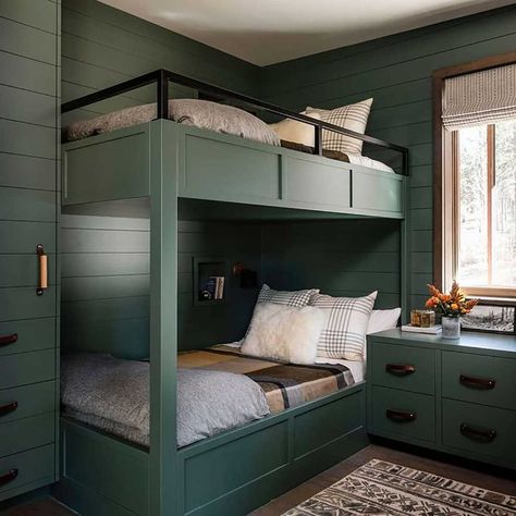 A cabin is a great gathering place for family and friends, which means lots of beds! Get the maximum sleep capacity with these cabin bunk bed ideas. Farmhouse Bunk Beds, Grey Bunk Beds, Black Bunk Beds, Cabin Bunk Beds, Queen Size Bunk Beds, Blue And White Bedding, Bed Nook, Plaid Bedding, Loft Bunk Beds