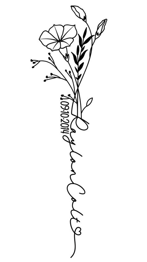 Flower With Writing In Stem Tattoo, April Birth Flower Tattoo With Name, Last Name Tattoo, Name Tattoos For Women, Last Name Tattoos, Name Flower Tattoo, Tattoo Ticket, Name Tattoo Design, Tattoo Design For Women