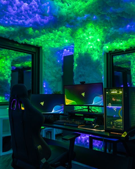 Cloud Ceiling, Game Setup, Twinkly Lights, Apple Home, Gaming Station, Gaming Room Setup, Gamer Room, Unique Layout, Game Room Design