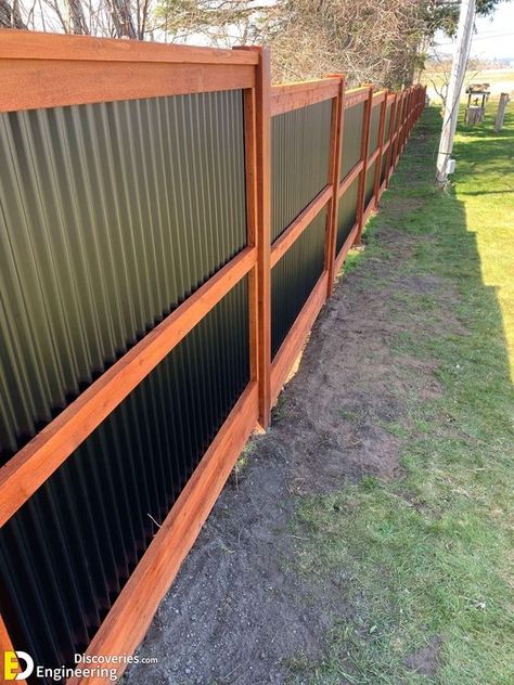 How To Fence Your Patio Without Spending A Lot In The Process | Engineering Discoveries Raised Privacy Fence, Grass Ideas For Backyard, Wind Resistant Fence, Corrugated Fence Ideas, Privacy Fence Ideas Metal, Wood And Metal Fence Ideas, Private Fence Ideas Backyards, Tin Fence Ideas, Corrugated Metal Fence Diy