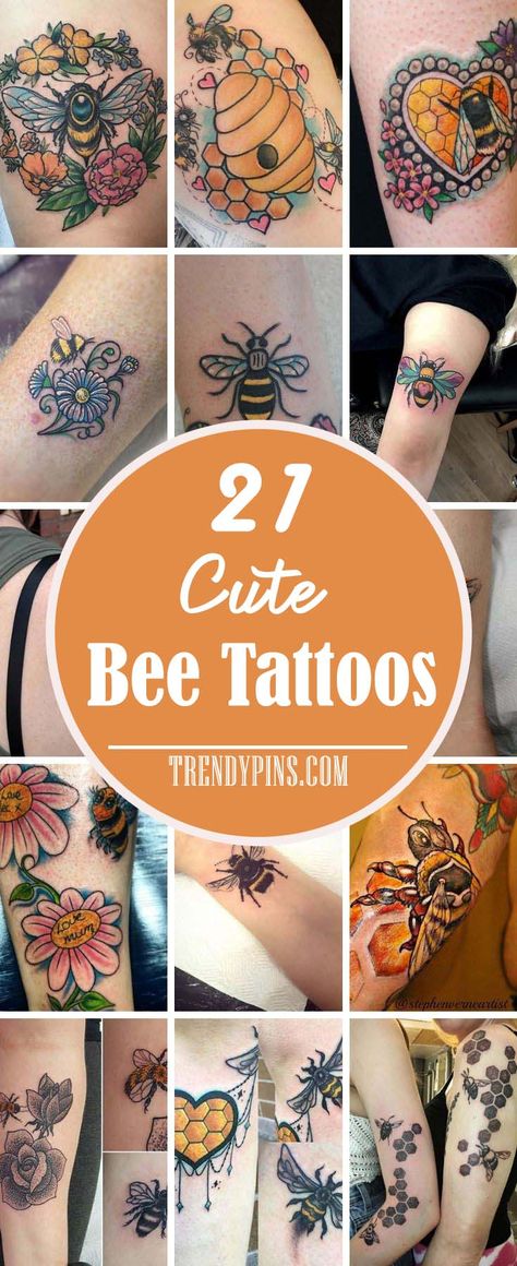 21 Cute Bee Tattoos - Trendy Pins Bumblebee Tattoos For Women, Colorful Bee Tattoo, Bees And Butterflies Tattoo, Bee Tattoo Ideas Unique, Bee Kind Tattoo, Bee Hive Tattoo Design, Bee Tatoos Ideas, Honey Bee Tattoo Design, Bumble Bee Tattoo Design