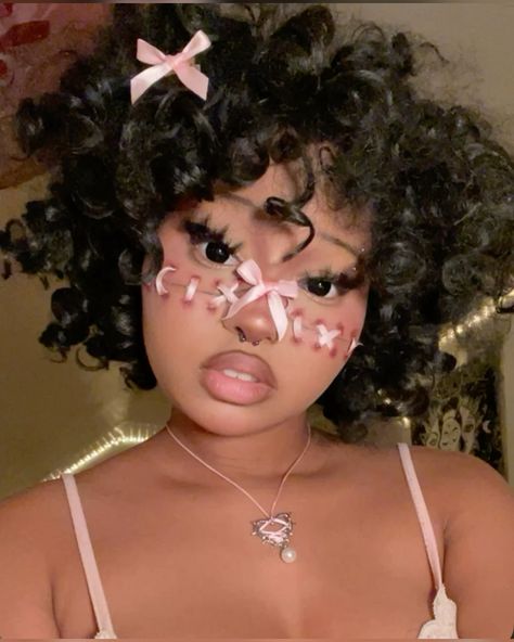 Makeup With Moles, Egirl Contour, Loud Makeup Looks, Majestic Makeup Looks, Makeup Face Paint Looks, Unique Eye Shapes, Someone Doing Makeup, Kawaii Makeup Black Women, Pink Bear Makeup