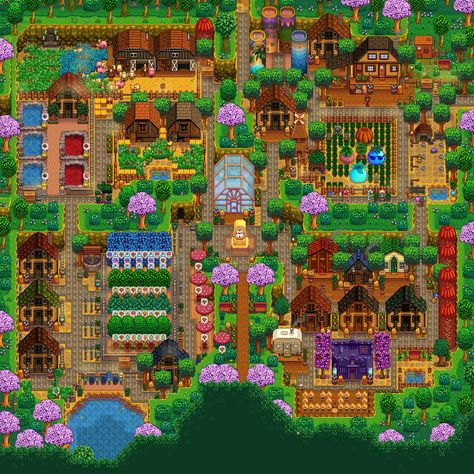 stardew valley four corner farm year 15 spring #stardew #stardewvalley #stardewvalleyfarminspo #stardewvalleyfourcorner Spring Stardew Valley, Farm Design Stardew Valley, Four Corners Farm Layout, 4 Corners Farm Stardew, Stardew Valley Farm Layout Four Corners, Stardew Valley Farm Layout 4 Corners, Four Corners Farm Stardew Valley, Stardew Fish, Stardew Animals