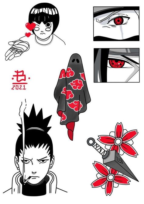 Anime Sticker Tattoo, Anime Flash Tattoo Ideas, Anime Flash Sheet, Shikamaru Tattoo Ideas, Anime Flash Art, Naruto Flash Tattoo, Anime Tattoo Flash, Dark Anime Tattoo, Anime Tattoo Ideas Manga