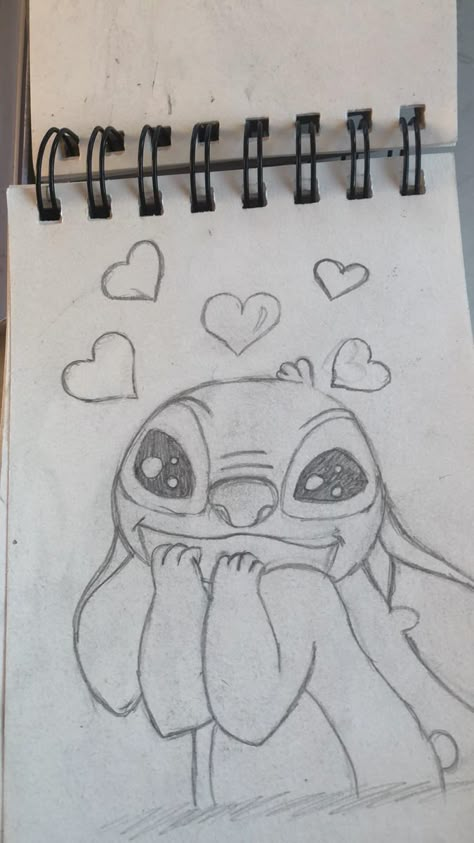 Lilo And Stitch Cute Drawing, Disney Pencil Drawings Sketches, Stitch And Angel Painting Canvases Easy, Cute Drawing Ideas Easy Disney, Cool Sketch Ideas Easy Love, Easy Stitch Drawings, Stitch Sketch Drawings, Stitch Easy Drawing, Pictures To Draw For Boyfriend