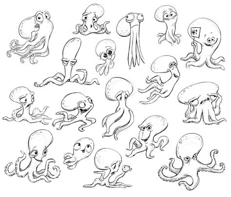 ArtStation - Octopus Character Design, Martina Petrova Octopus Illustration Cute, Octopus Drawing Cute, Character Design Animals, Octopus Character Design, Sea Character Design, Animated Octopus, Octopus Doodle, Disney Character Design, Octopus Character