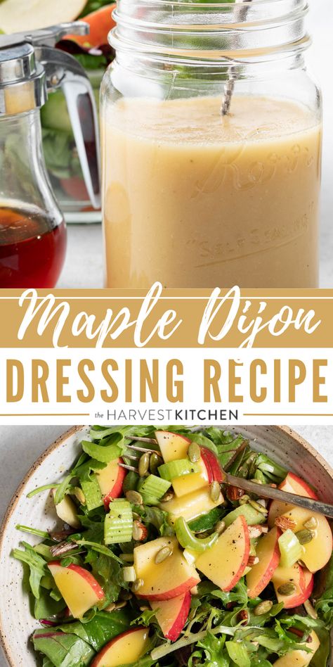 This homemade Maple Vinaigrette recipe is one of my favorite homemade salad dressing recipes to make.  It’s made with Braggs apple cider vinegar, pure maple syrup, Dijon mustard and olive oil. This maple dijon vinaigrette has a completely addictive flavor and its especially great with mixed greens or arugula tossed with fruit, nuts and cheese (goat or feta). Fall Salad Maple Vinaigrette, Maple Vinegar Dressing, Best Fall Salad Dressing, Apple Cider Maple Vinaigrette, Cooking With Vinegar Recipes, Maple Syrup Vinaigrette Dressing, Apple Cider Dressing Recipe, Apple Cider Dijon Mustard Vinaigrette, Autumn Apple Walnut Salad With Maple Dijon Vinaigrette