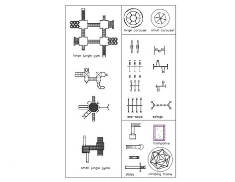 Play ground garden equipment blocks cad drawing details dwg file Play Ground Design Plan, Playground Plans, Playground Design Plan, Playground Plan, See Saws, Kids Outdoor Play Equipment, Floor Plan Symbols, Ground Garden, Exhibition Plan