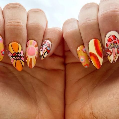 Hailey Lloyd on Instagram: "You guys… I had SO much fun with this set!!🤩 I absolutely love when my clients bring the funnest inspo!! @whitneymellor you’re on a roll sis 🤤 the mushrooms take the cake for me this time though🤩 • • • • #nailsbyhails #heartnails #flowernails #brightnails #rainbownails #purplenails #polishednailbar #utahnails #greennails #bombnails #nailart #handpaitnednails #nailartideas #summernails #nailarttrends #trendynails #nailtrends #nailobsessed #nailswag #almondnails #longnails #luminarynailsystems #birthdaynails #mushroomnails #sunnails #pinknails #nailtransformation" Mushroom Nails Art, Mushroom Nails, Sun Nails, Boho Nails, Painted Faces, Bright Nails, Festival Nails, Rainbow Nails, Take The Cake