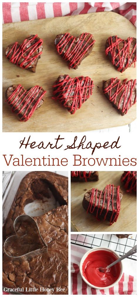 These heart shaped Valentine Brownies are made with a store-bought brownie mix, making them a quick and easy treat for all ages this Valentine's Day. Find the recipe on gracefullittlehoneybee.com #valentinesday #valentine #brownies #hearts Heart Shaped Brownies Valentines, Valentine's Day Desserts Easy, Valentines Day Desserts To Sell, Valentines Day Desserts Cake, Deserts For Valentines Day Ideas, Valentine’s Day Baking Recipes, Red Treats For Party, Valentine’s Day Brownies, Valentine Dinner For Kids