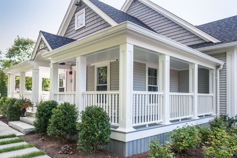 White Vinyl Porch Railing, Front Porch Post And Railing Ideas, Vinyl Porch Railing Ideas, Vinyl Railing Front Porches, White Porch Railing, Railing For Balcony, Raised Porch, Outdoor Curtain Ideas, Front Porch Railing Ideas