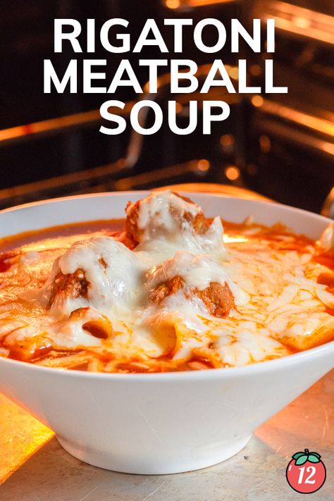 Rigatoni Meatball Soup | 12 Tomatoes Rigatoni Soup, Pasta And Meatballs, Ravioli Soup, Tomatoes Recipes, Dinner Favorites, 12 Tomatoes Recipes, Cup Of Soup, Meatball Soup, Frozen Meatballs