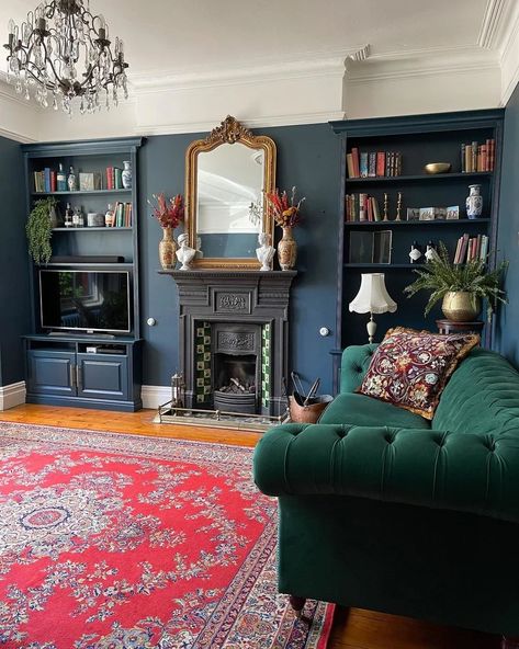 Blue Bedroom Colors, Hague Blue, Victorian Living Room, Dark Living Rooms, Dining Room Blue, Living Room Styles, Bedroom Color Schemes, Blue Living Room, Paint Colors For Living Room