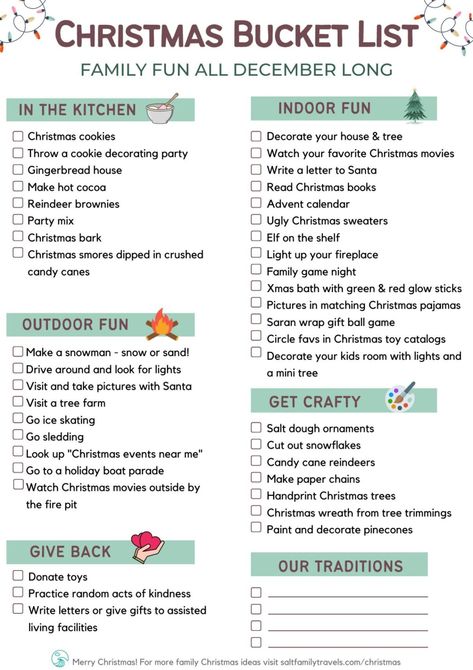 Christmas Bucket List - Fun All December Long (Free Printable) Christmas Bucket List For Friends, December Checklist Fun, Christmas Time Bucket List, Christian Christmas Bucket List, Xmas To Do List, Christmas Break Bucket List, Christmas Fun List, To Do Christmas List, Christmas Plans Ideas