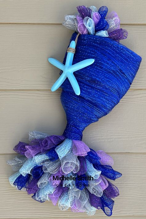 Dollar Store Mermaid Wreath, Dollar Tree Wire Mermaid Tail, Deco Mesh Mermaid Tail, Dollar Tree Mermaid Decor, Mermaid Dollar Tree Diy Decor, Diy Mermaid Tail Decoration, Dollar Tree Mermaid Tail Wreath Diy, Mermaid Wreath Dollar Tree, Seashell Wreath Form