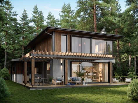 LAKE HOUSE | Behance Lake House Balcony, Forest Small House, House Lake View, Small Glass House Design, Small Lake House Exterior, Modern Lake House Plans, Modern Chalet Architecture, Glass Lake House, Small Forest House