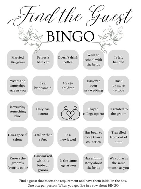 Use this bingo game as a way to allow guests to interact and engage during your special day. Download and print for a special wedding or rehearsal dinner activity for your guests.  Want a bingo card in a custom color scheme? Contact us! Unique Wedding Games For Guests, Wedding Guest Game, Wedding Things To Do For Guests, Wedding Dinner Games, Wedding Guest Bingo, Wedding Bingo Game, Cheap Fun Wedding Ideas, Things I Want At My Wedding, Interactive Wedding Ideas Receptions