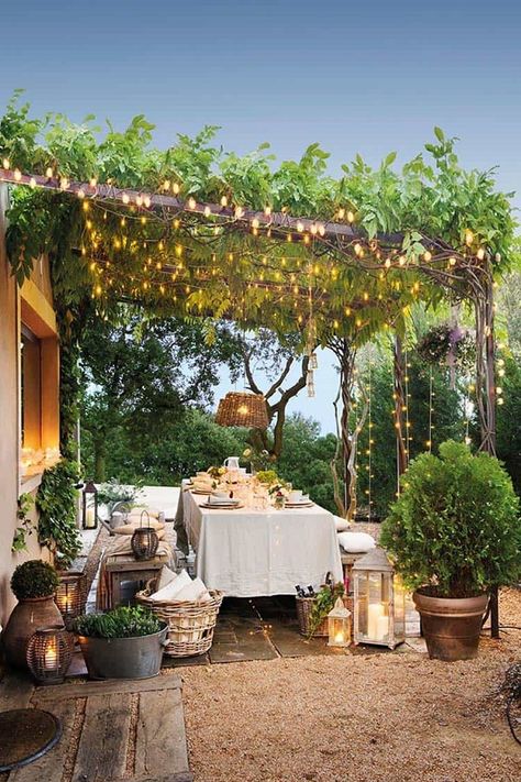 Decorate your pergola with one of the best outdoor room pergola design ideas. Along with vines, add fairy lights to the pergola for creating a magical space. Use large plants in different types of pots. Balcony Patio, Pergola Lighting, Plants Outdoor, Outdoor Balcony, Covered Pergola, Pergola With Roof, Pergola Patio, Pergola Designs, Palau