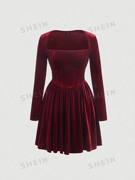 SHEIN MOD Square Neck Velvet Dress | SHEIN USA Velvet Square Neck Party Dress, Fitted Velvet Dress With Square Neck, Velvet Dress Short Bodycon Shein, Red Velvet Medieval Dress, Burgundy Velvet Dress Long Sleeve Korean, Turtle Neck Dress, Velvet Dress, Square Neck, Dress P