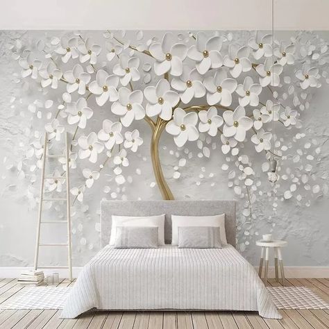 3D Wallpaper White Flower Shawl , Custom Wallpaper for Any Wall Size, Wall Covering for Free Shipping - Etsy 3d Wallpaper White, Cool Wallpapers For Walls, Beige And White Living Room, Wall Painting Living Room, Home Decor Paintings, Wallpaper Bedroom, Living Room Tv, Organization Bedroom, Living Room Wall