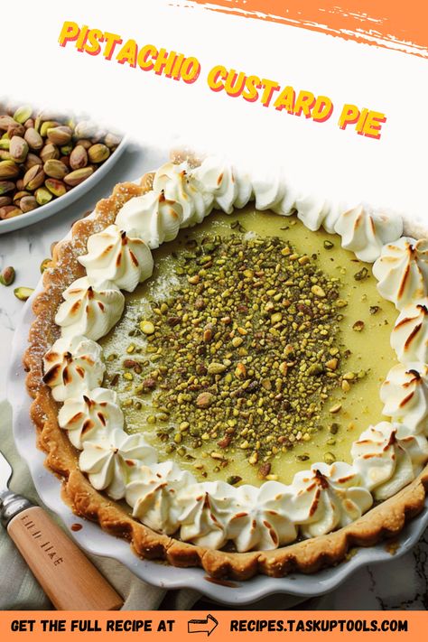 Delight in the creamy elegance of Pistachio Custard Pie. This recipe combines the smoothness of custard with the nutty richness of pistachios, creating a dessert that's both sophisticated and indulgent. Perfect for special occasions or a luxurious treat at home, this pie boasts a buttery crust that complements the velvety filling. Discover the simple yet refined steps to craft this eye-catching dessert that promises to impress family and friends with its unique flavor and beautiful presentation. Save and share this recipe Pistachio Custard Pie, Pistachio Cream Pie, Pistachio Custard, Unique Pie Recipes, Pistachio Pie, 2024 Meals, Custard Pie Recipe, Unique Pies, Pie Crust Dough