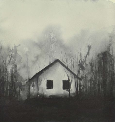 Creepy Houses Drawing, Charcoal House Drawing, Creepy House Painting, Dark Watercolour Painting, Scary House Drawing, Creepy House Drawing, Dark Watercolor, Scary Houses, Watercolor House Painting