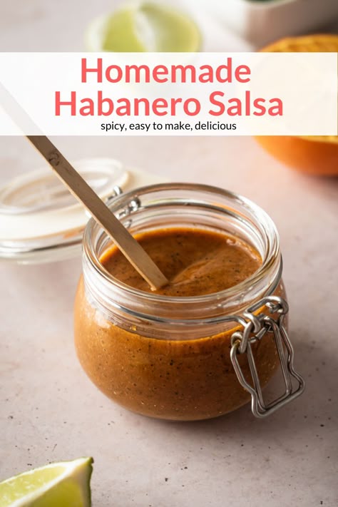 This is the ultimate salsa for anyone who loves spice! Made with roasted habanero peppers, garlic, tomatoes, and citrus, this salsa is easy to make and so good! #condiment #freezerfriendly #makeahead #quickandeasy #habanerosauce #habanerohotsauce Grilled Serrano Peppers, Homemade Habanero Salsa, Roasted Habanero Hot Sauce, Habernos Salsa, Canned Habanero Recipes, Habenero Recipes Salsa, Habernos Recipes, What To Do With Habanero Peppers, Habanero Salsa Canning