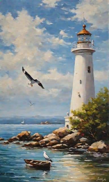 Lighthouse Painting Ideas, Lighthouse Oil Painting, Lighthouse Watercolor, Lighthouse Drawing, Ocean Art Painting, Beach Scene Painting, Lighthouses Photography, Beach Art Painting, Lighthouse Painting