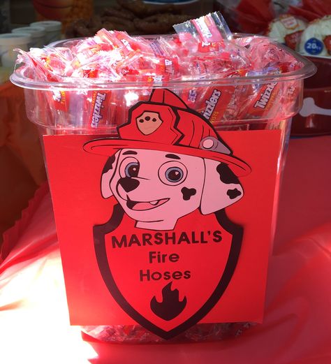 For my son's 3rd Birthday we did a Paw Patrol theme.  Marshall's Fire Hoses using Twizzlers from BJ's Paw Patrol Birthday Marshall, Paw Patrol Birthdays, Paw Patrol Food Ideas Snacks, Dollar Tree Paw Patrol Party Ideas, Marshal Birthday Party, Halloween Paw Patrol Party, 3rd Birthday Party Paw Patrol, Four Year Old Paw Patrol Birthday, Paw Patrol Trunk Or Treat Ideas