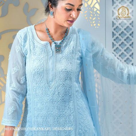 Shine in Our Handcrafted Sky-Blue Chikankari Kurta by Meenakshi Designers. Beautiful kurta with a touch of elegance from the delicate silver jewelry — the earrings and bangles do the trick without taking attention away from the outfit. See how she gracefully shows the fit and flow of that gorgeous dress. Inframe: @jyothikamunirathnamoffl . . . . . . Hyderabad: Banjara hills | Gachibowli | Chandanagar | Vizag For more details, call us at 9115573999. #chikanembroidery #handcraftedfashion #H... Chikankari Kurta, Hyderabad, Gorgeous Dresses, Sky Blue, Silver Jewelry, Bangles, Design