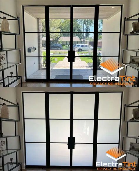 This image shows ElectraTint in the On and Off tint state Smart Glass Window, Shaped Windows, Residential Windows, Home Windows, Smart Glass, House System, House Windows, Tinted Windows, Glass Window