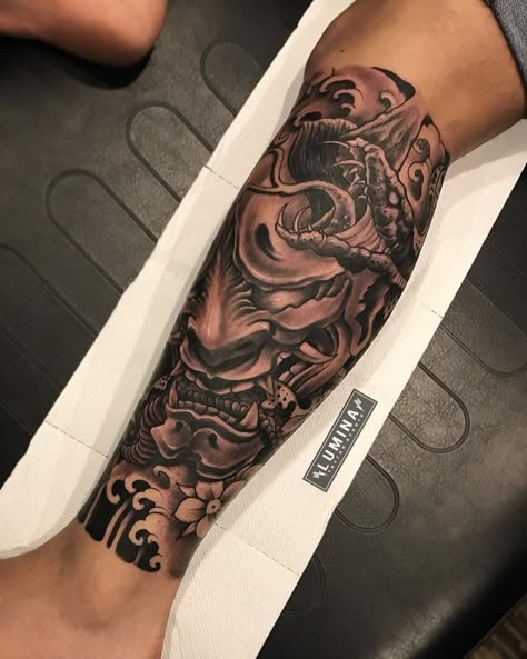 Leg Sleeve Tattoo Male Japanese, Samurai Calf Tattoo, Samurai Leg Tattoo Men, Japanese Calf Tattoo Men, Japan Leg Tattoo, Black And Grey Leg Tattoos, Japanese Leg Sleeve Tattoo Men, Samurai Leg Tattoo, Calf Sleeves Tattoo