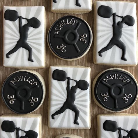 Crossfit Cookies Decorated, Gym Themed Cookies, Workout Cookies Decorated, Gym Cookies Decorated, Crossfit Cookies, Gym Theme Party, Gym Cake, Finger Food Desserts, Sports Cookies