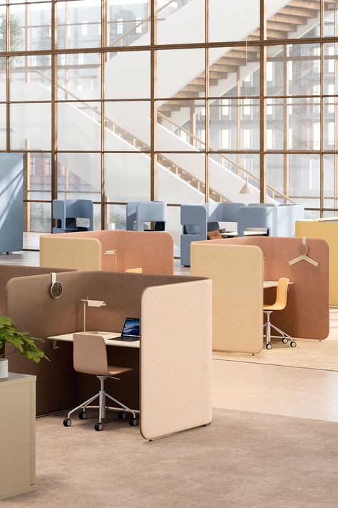 PodWork workstations in an open-plan office Workstation Layout Plan, Open Work Space Design, Informal Working Space, Share Office Space Ideas, Office Open Plan Design, Hotdesking Work Spaces, Open Floor Plan Office Space, Trendy Office Design, Coworking Space Design Open Plan