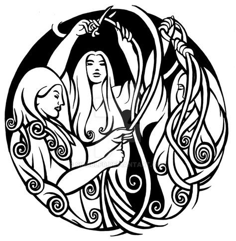 The 3 norns from the Northern mythology. made in 2008 Ink drawing The Fate of the norns Northern Mythology, Fate Tattoo, The Norns, Wyrd Sisters, Goddess Tattoo, Norse Tattoo, Norse Pagan, Black And White Artwork, Three Graces