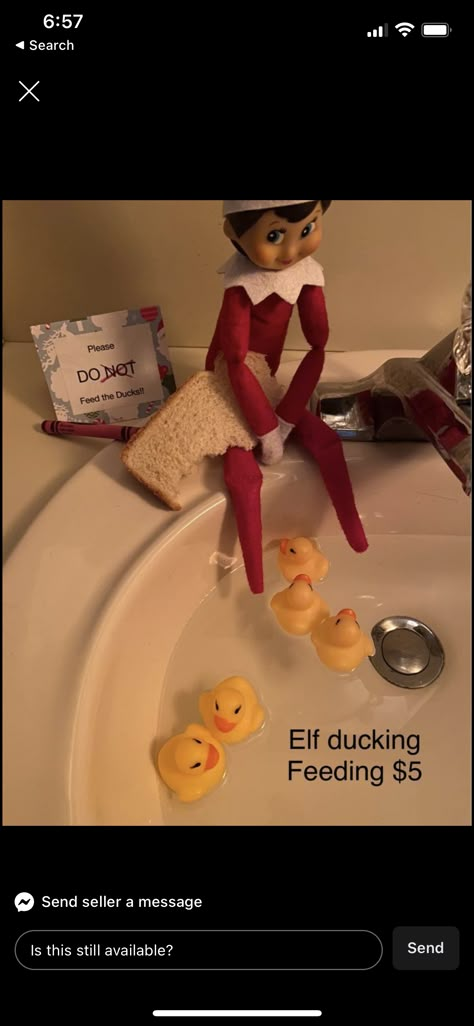 Elf On The Shelf Ideas Rubber Duck, Elf On The Shelf Ideas Fishing, Elf On The Shelf Rubber Ducks, Fishing Elf On The Shelf, Wlf On The Shelf, Elf On The Shelf Feeding Ducks, Elf On Shelf Funny, Duck In Water, Elf On Shelf Dinosaur