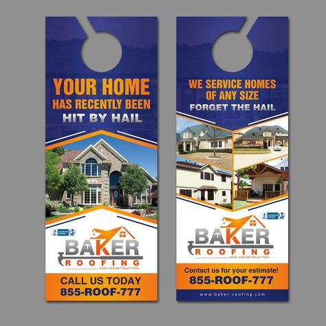 Grab my attention with a new door hanger for Baker Roofing! Postcard, flyer or print contest postcard#flyer#print#design Door Hanger Advertising, Marketing Postcard, House Repair, Commercial Roofing, Flyer Printing, Roofing Companies, Hanger Design, Custom Postcards, Roofing Services