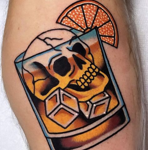 Chef Tattoo Traditional, American Traditional Love Tattoo, Sweet Tea Tattoo, Candle At Both Ends Tattoo, American Traditional Tattoos Food, Coffee Skull Tattoo, American Traditional Bartender Tattoo, Alcohol Tattoo Ideas, Old Fashioned Tattoo Drink